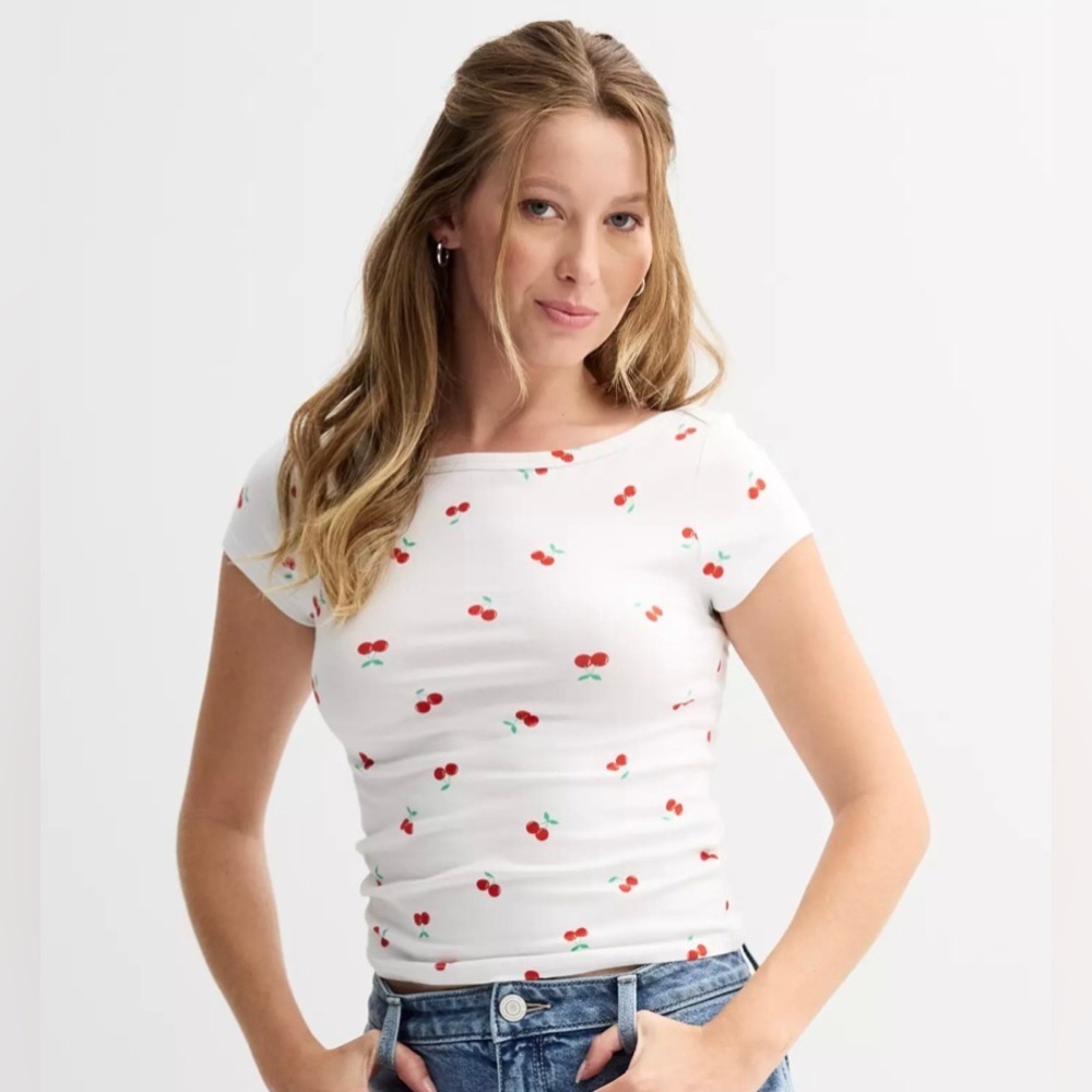 SO Juniors Cherry Print Boat Neck Baby Tee